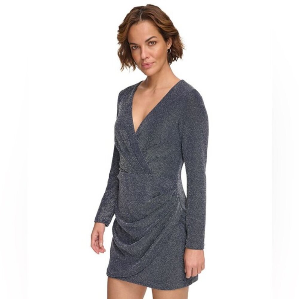NWT DKNY Metallic-Knit Surplice Ruched Skirt Faux Wrap Mini Silhouette Dress Sz2
